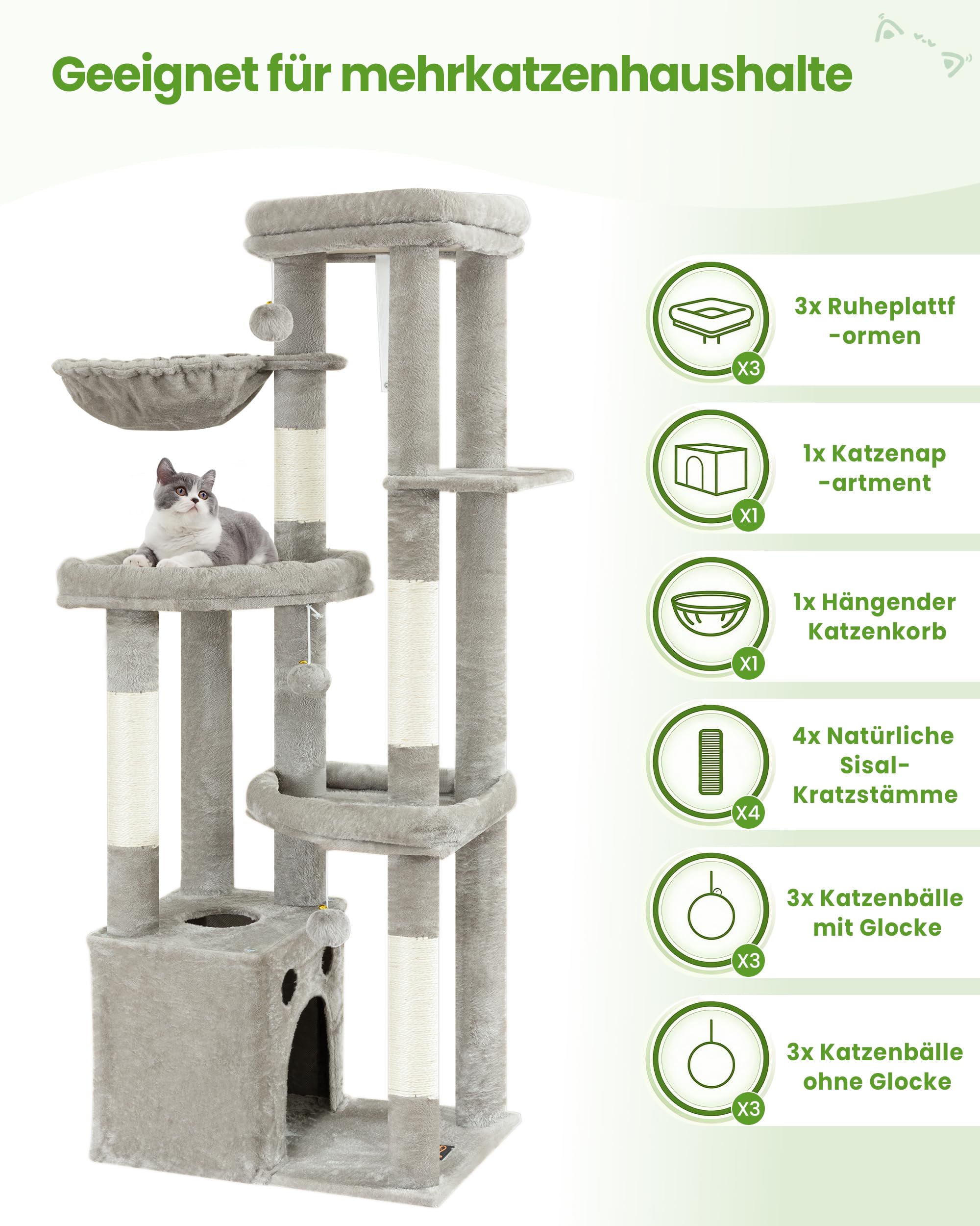 Kratzbaum Groß, Kratzbaum Grosse Katzen Stabil 170 cm hoch - Katzenbaum XL, Mehrstöckiger Katzenbaum Grau mit 4 Kratzsäulen, 6 Plüschbälle, Plattformen, Höhlen, Hängematte - Cat Tree Tower