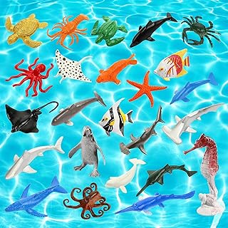 24 Pcs Sea Animals Toys Set Mini Ocean Sea Animals Figures Realistic Sea Creatures Plastic Mini Dinosaur Toys Set and Cake Toppers Educational Animal Learning Toys Bath Toys(Sea Animals)