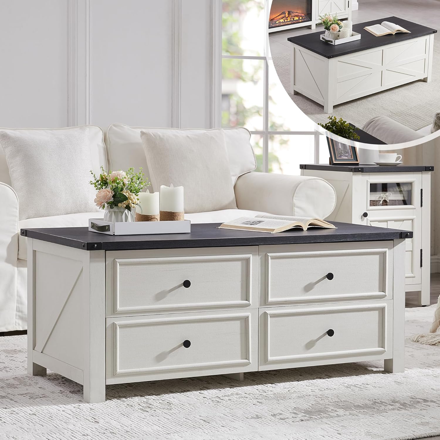 48”Farmhouse Coffee Table with 4 Large Storage Drawers, Modern Center Table with Barn Door for Living Room, Office, Rustic Rectangle Cocktail Table, Wood, White : Home & Kitchen
