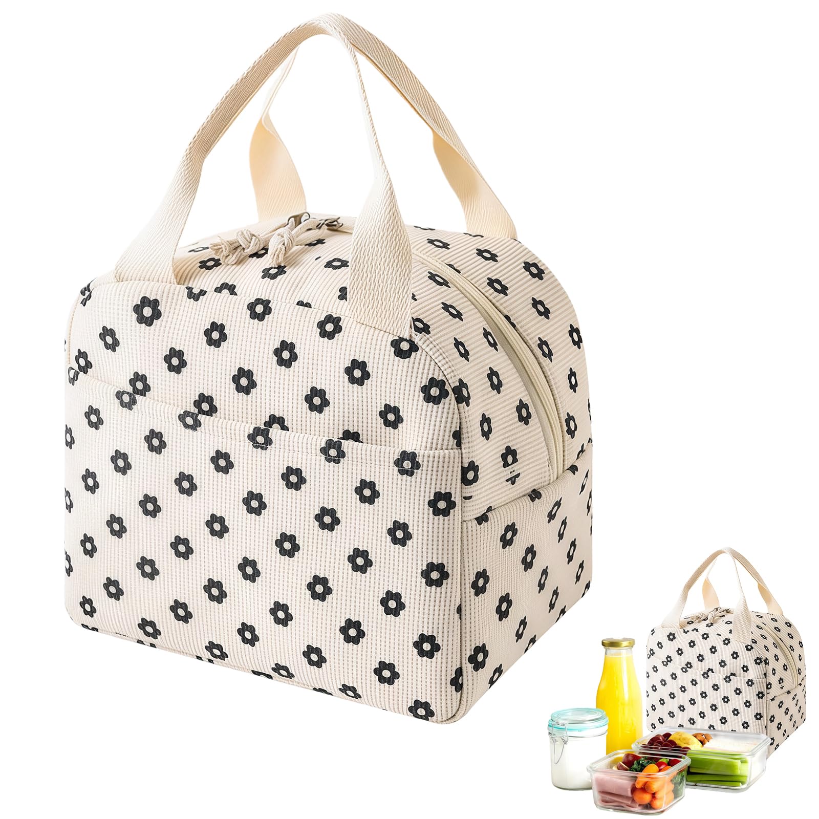 Lunch Bags for Women Men,Floral Large Capacity Corduroy Insulated Lunch Bag for Girls Women,Leak Proof Cooler Bag with Handle for Kids Girls Boys Adults Work School Picnic Travel Beach Lunchboxes