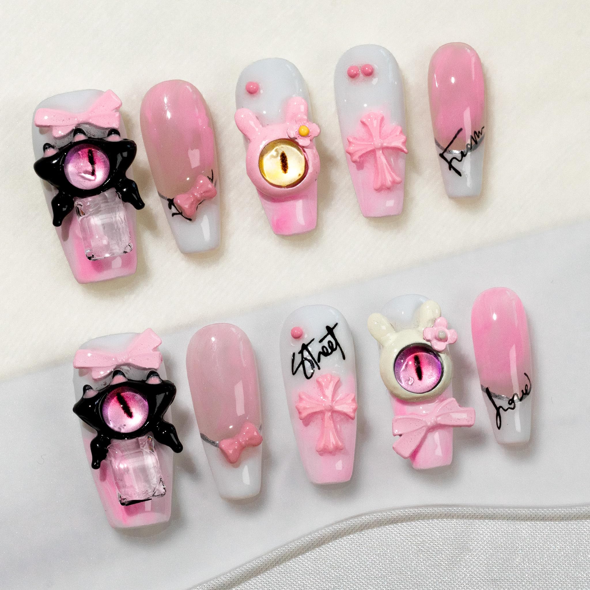 Sun&Beam Nails Handmade Press-on Long Coffin Ballerina Red White Black Silver Glam Halloween Ombre Design Fashion False Nail Tips 10 Pcs Set (#189 M) — view 28