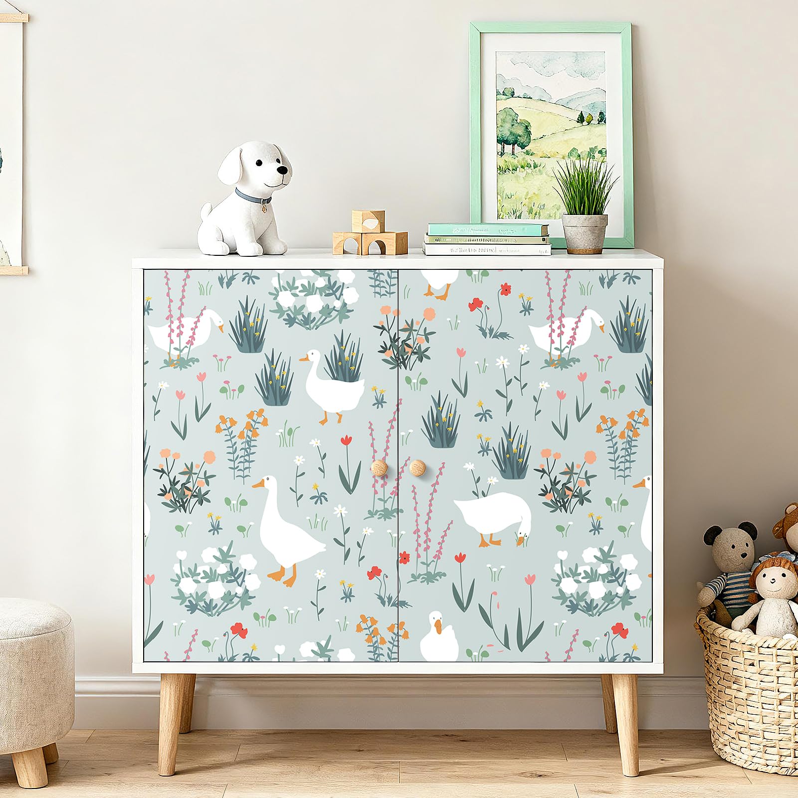 FunStick 44.5CMx9M Papel Pintado Autoadhesivo Botanico Vinilo Adhesivo Flores Pequeñas Verde Azul Revestimiento Pared Gansos Blancos en Los Prados Papel Adhesivo para Habitación Baño Verde Pálido Azul