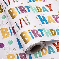 Vista 8 de woric Papel de regalo reversible de cumpleaños para niños y niñas, 17 pulgadas x 36 pies, papel de regalo con letras de feliz cumpleaños