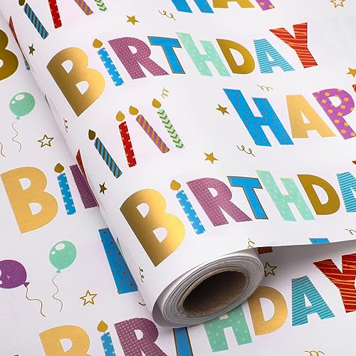 woric Rollo de papel de regalo de cumpleaños de 17 pulgadas x 33 pies de papel de aluminio colorido con letras de feliz cumpleaños, papel de regalo