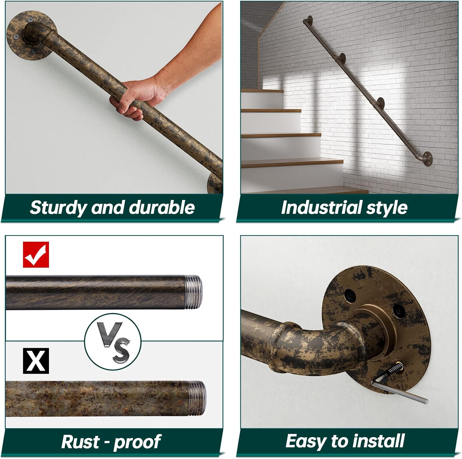 Buy Muzata 10ft Staircase Handrail Antique Brass Pipe Handrail ...