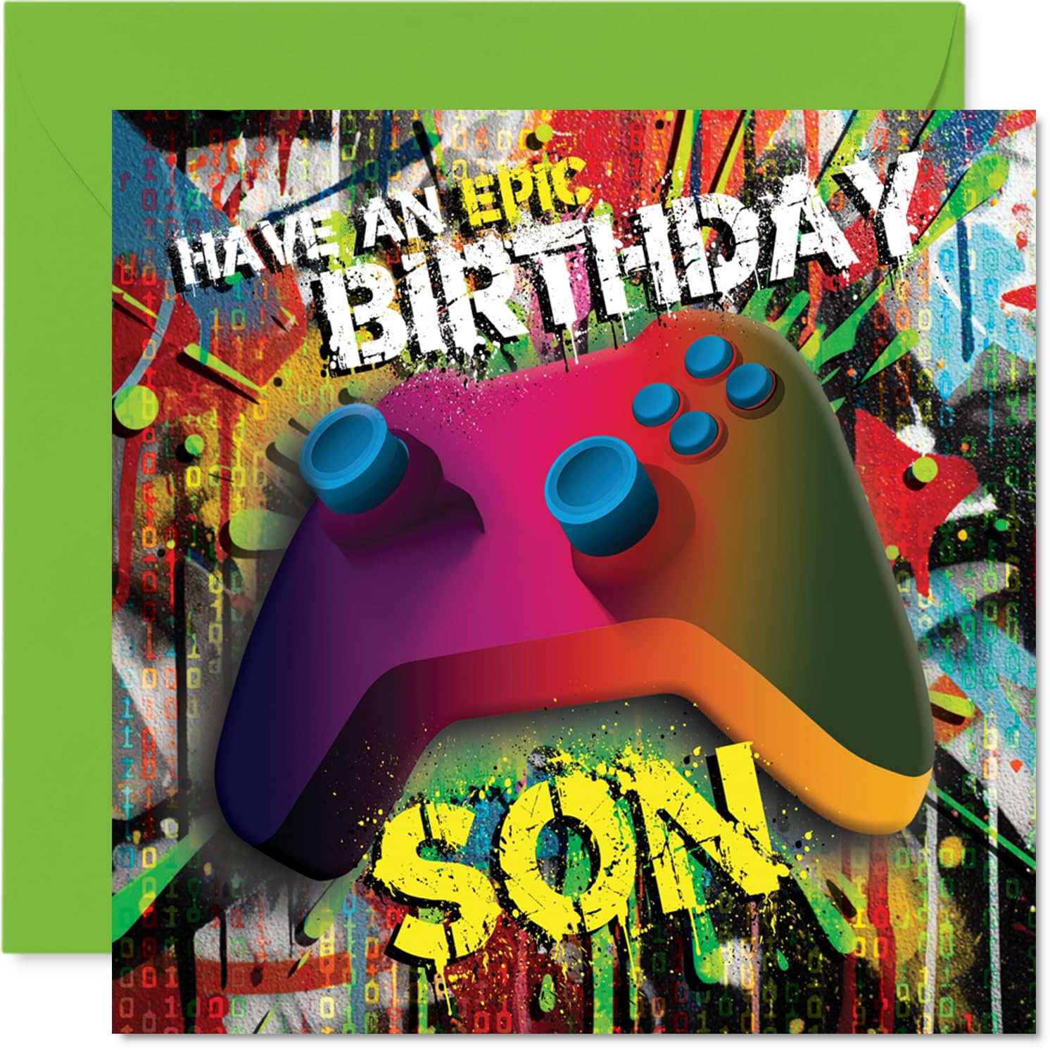 Playful Birthday Card for Son - Level Up the Birthday Fun - Vibrant Gaming Controller with Graffiti Backdrop - Perfect for Any Gamer Son - 145mm Square, Envelope Included