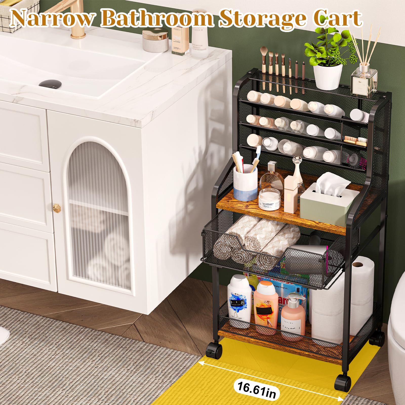 Jakyitvi 6-Tier Rolling Bathroom Storage Cart with Mesh Drawer, Metal Utility Cart with Lockable Wheels for Towels, Toiletries, and Cleaning Supplies, Organization Cart for Bathroom, Kitchen, Laundry