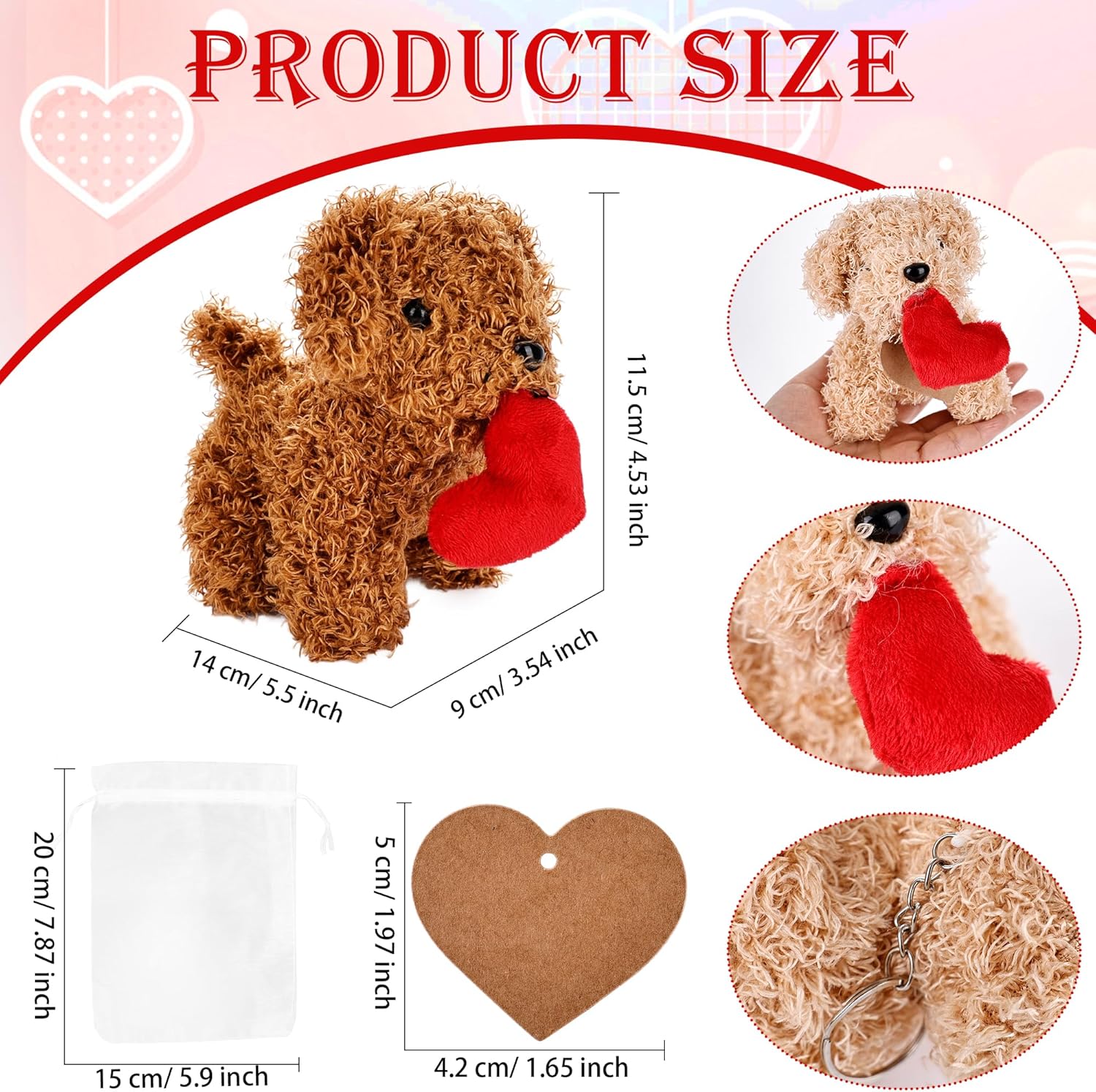 16 Pcs Valentine Mini Plush Dogs 5.5 inches Puppy Dog with Filled Heart Dogs Stuffed Animal Keychain 16 Gift Bags 16 Cards and 5m Rope for Valentine's Day Party Favors Birthday Gifts, 4 Colors