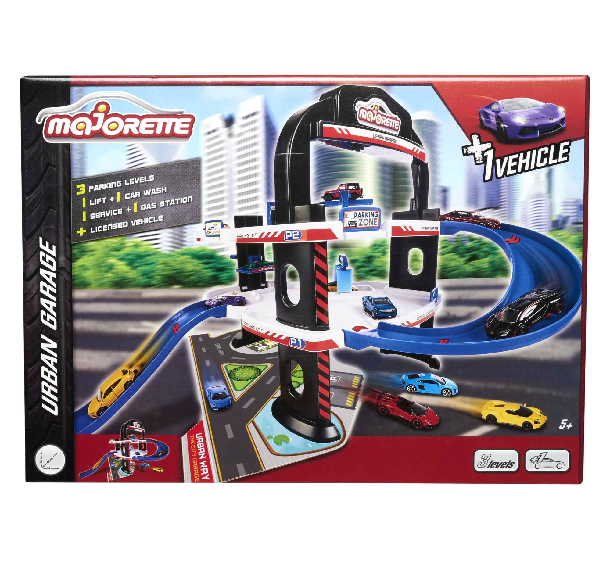 Majorette 212059985 Urban Garage avec voiture jouet, garage de parking à 3 étages, parking avec ascenseur manuel, station de lavage et station-service, 60 x 60 x 45 cm, pour enfants à partir de 5 ans,
