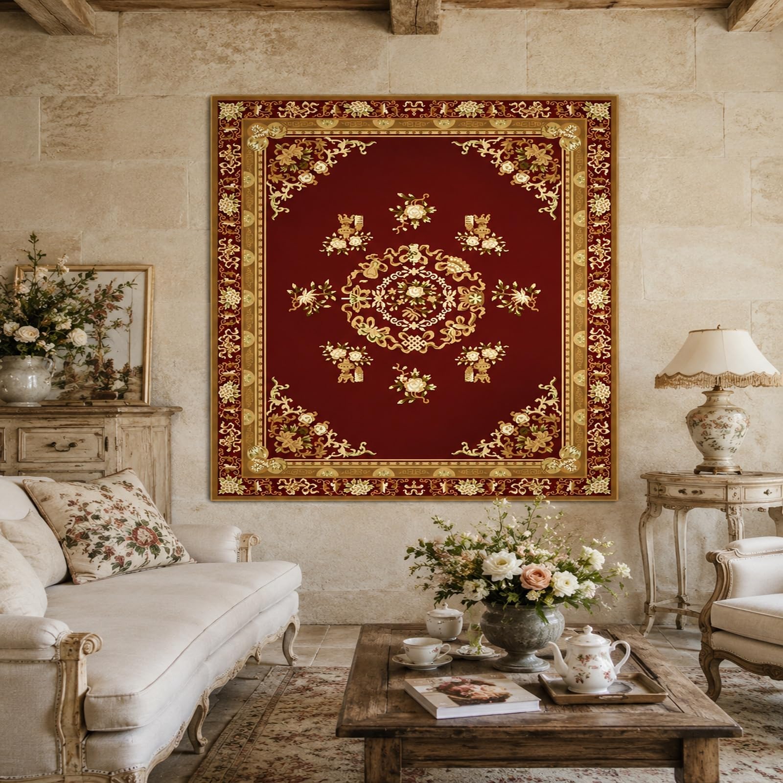 Gobeliny bardzo duże 180 x 230 cm, niestandardowy obraz logo tekst spersonalizowany gobelin wiszący na ścianie, kwiatowy czerwony żółty,
