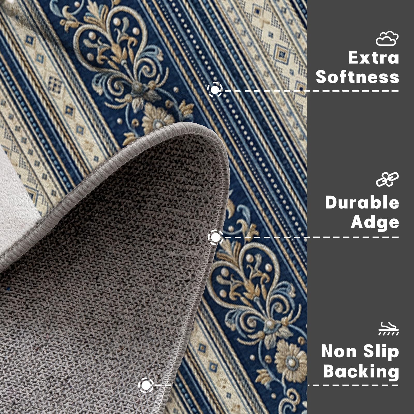 Zerbino Ingresso Interno Eleganti Righe Damascate, Zerbino Di Benvenuto Lavabile Morbida Geometrico Retrò, Antiscivolo Tappeto Da Decorazioni Beige Blu Per Casa Porta D'Ingresso, 90X150Cm