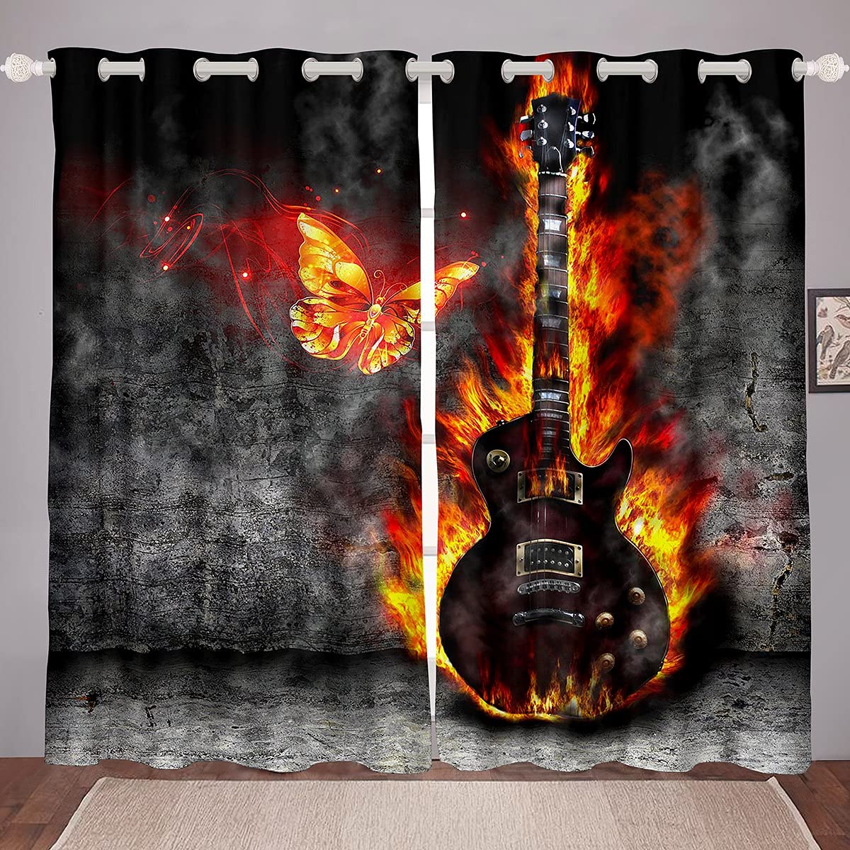 Gitara ogniowa zasłona okienna 137 x 117 cm, instrument muzyczny, gitara rockowa, zasłony dla dzieci, chłopców i dziewczynek, z nadrukiem motyla ognia, zestaw 2 zasłon okiennych