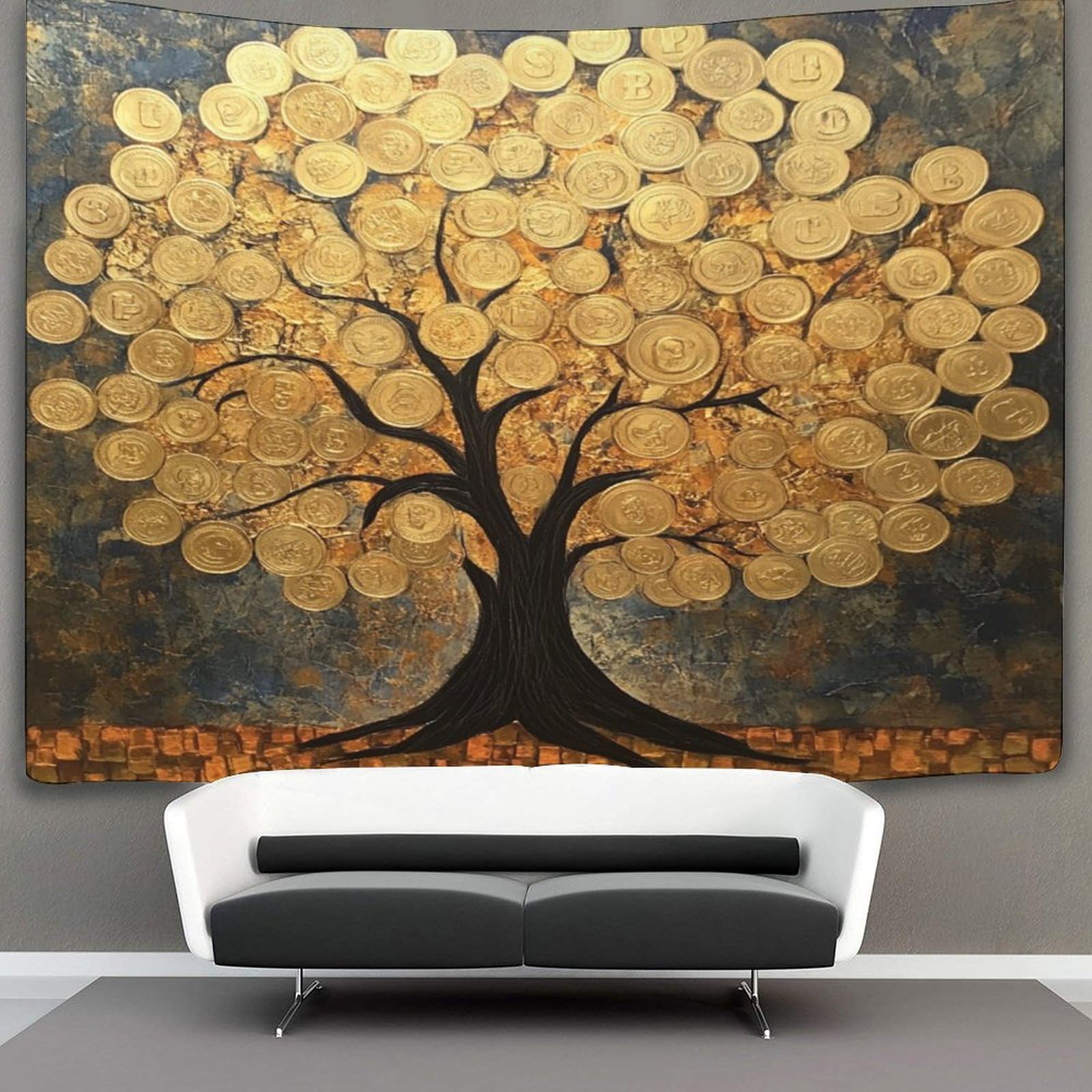 Kaiyun Style-14 Coin Pattern Tapestry Wall Hanging,Gold Tree Tapestries Wall Tapestry Decor For Living Room Bedroom Dorm 150Cmx200cm