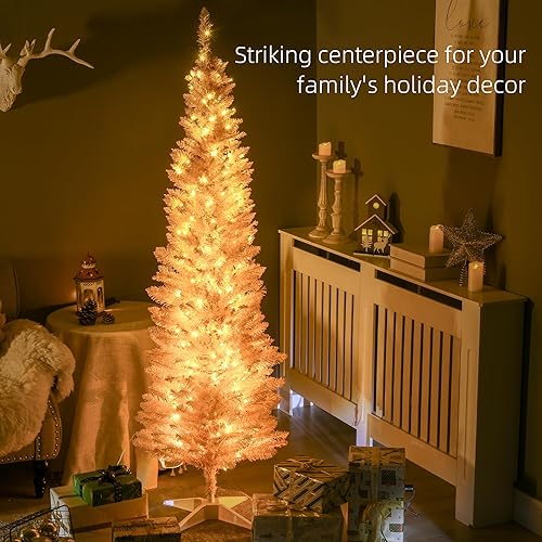 Miniatura 3 de HOMCOM Árbol de Navidad artificial de abeto noble delgado preiluminado de 6 pies de alto con luces LED blancas cálidas y puntas, para decoración de