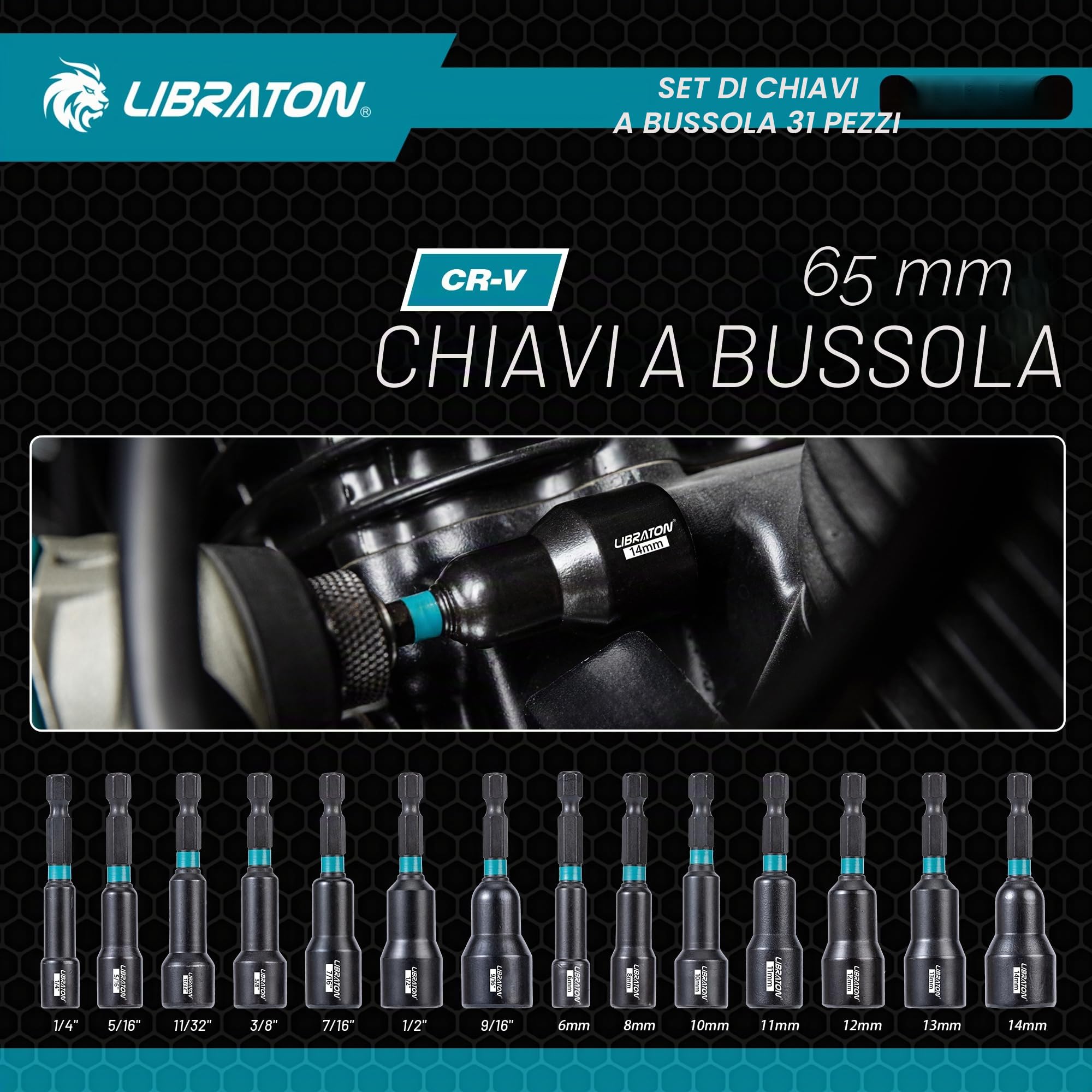 LIBRATON Set di 31 Giradadi Magnetici, Punte Avvitatore a Percussione 1/4", Giraviti Dadi 6", Giradadi Metrici e SAE per Trapano, Bussole, Adattatore da Quadrello a Esagonale, PH1, PH2, Magazzinaggio