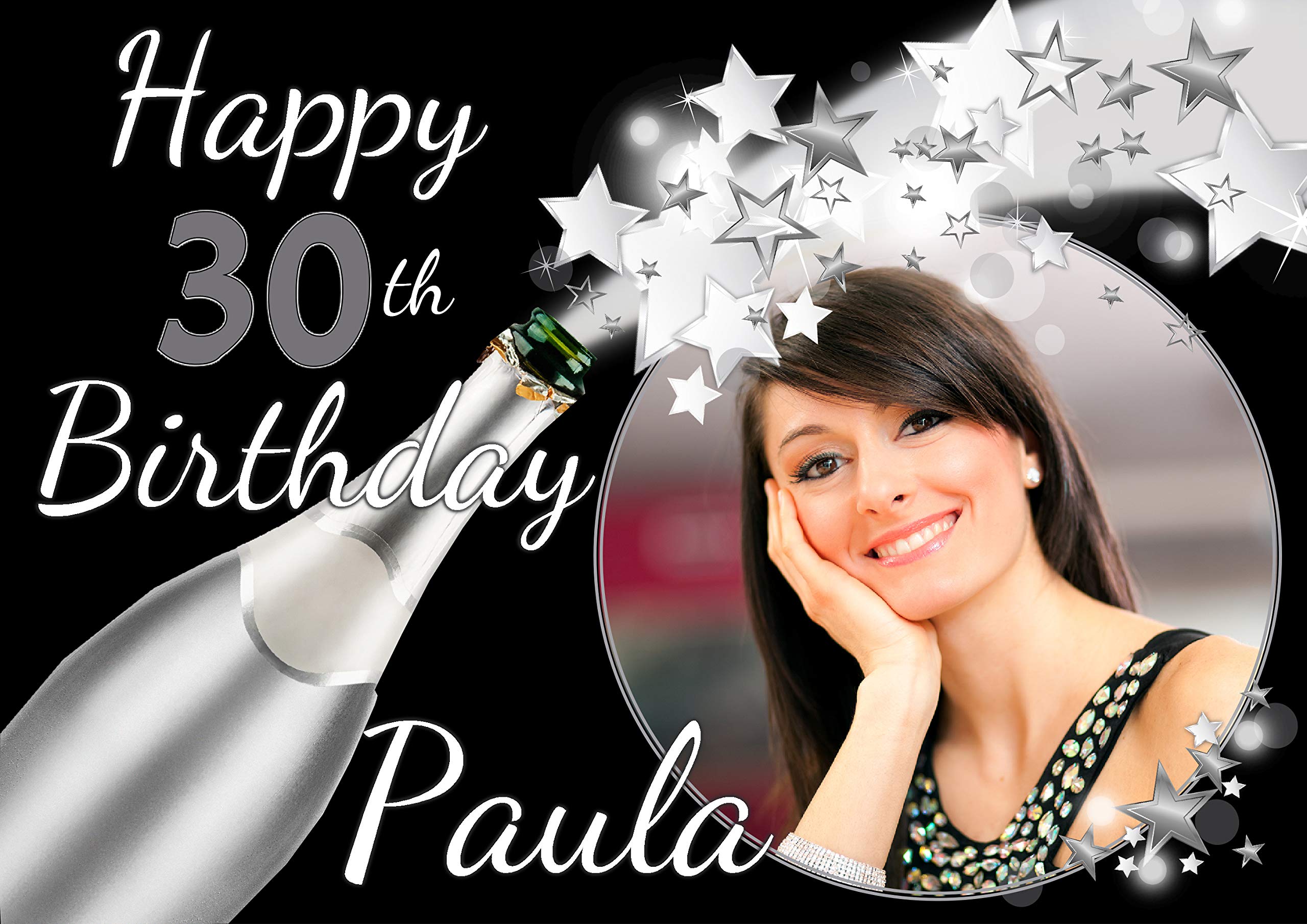 Personalised Happy Birthday Poster Banner N105 - Black & Silver Glitz ANY AGE 6th 10th 21st 18th 30th 40th 50th (A4 (21cm x 29.7cm))