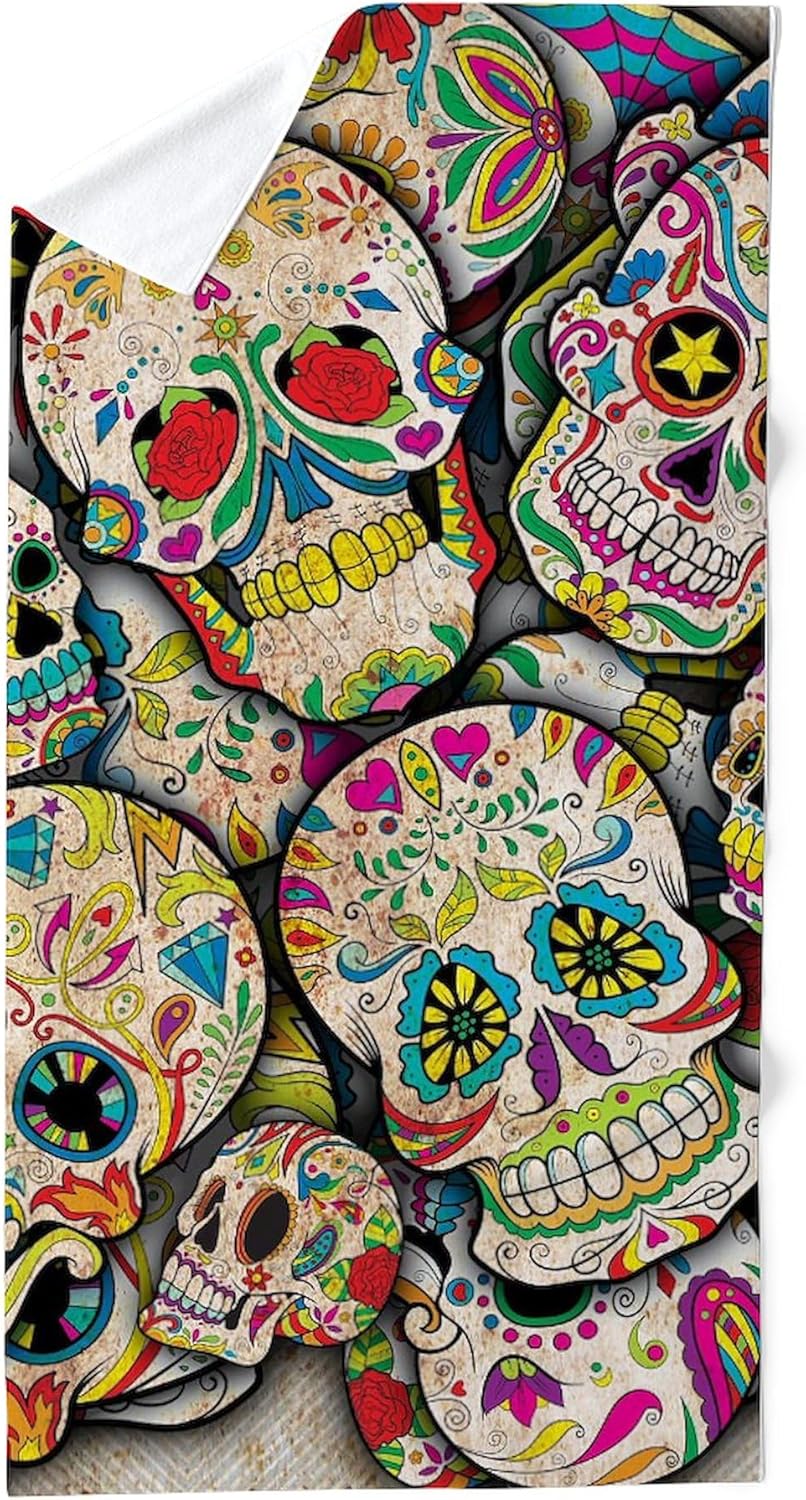 CafePress Sugar Skulls Black and White 30"x60" Absorbent Cotton Back, Soft Beach, Pool Towel