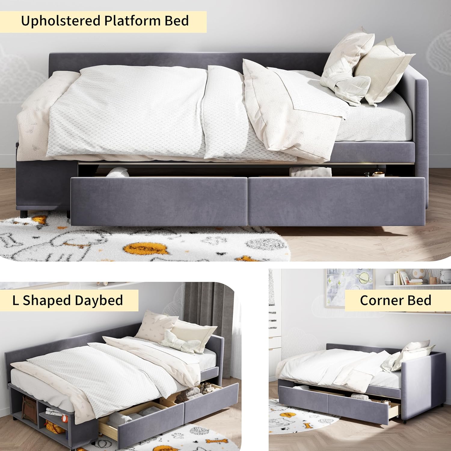 Polibi bed configured as an upholstered platform bed, L-shaped daybed, and corner bed