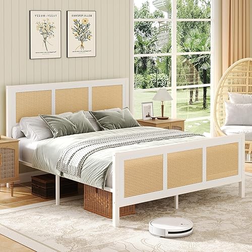 Rattan Bed Frame Queen, Boho Bed Frame with Headboard, Metal