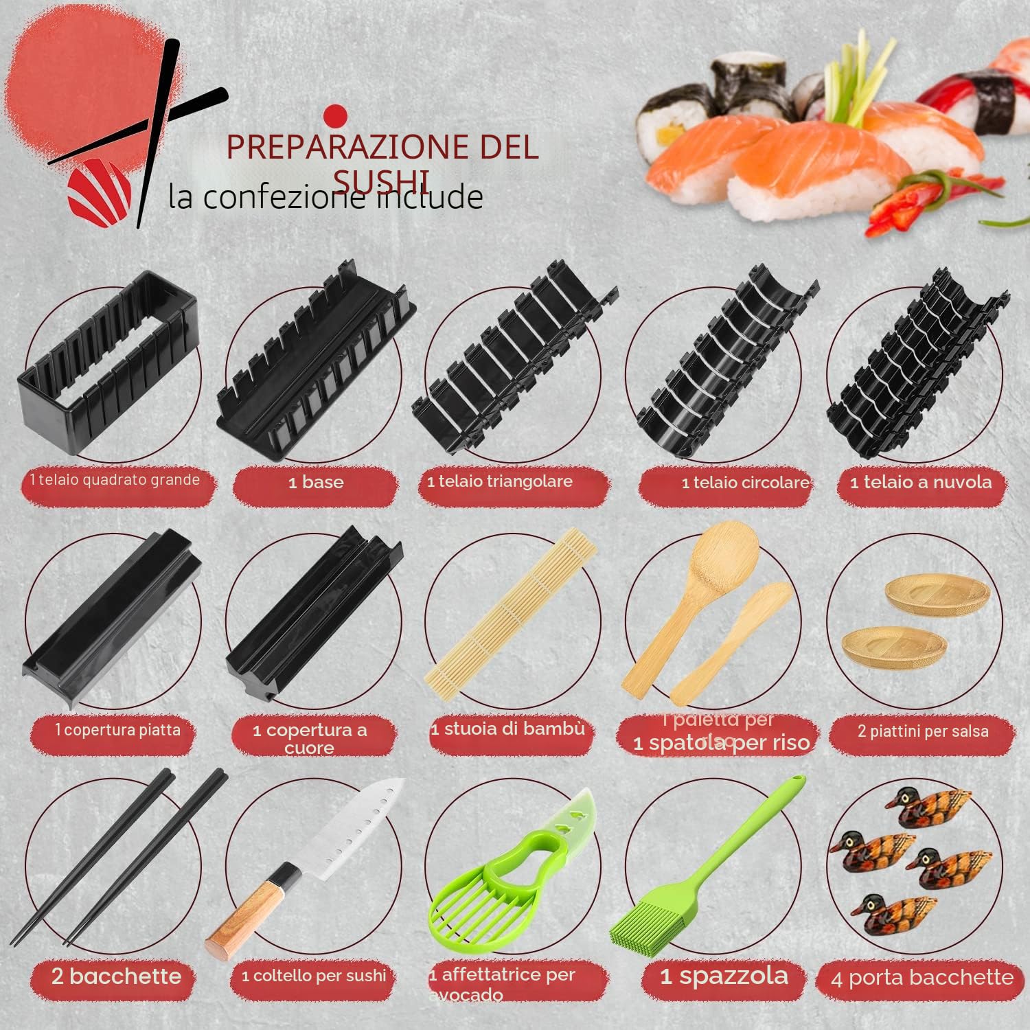 Sushi Maker Kit Stampi per Sushi Kit per Preparazione Sushi set Kit Rulli per Riso Sushi Sushi Maker Cucina DIY Set Completo Adatto per Principianti (21 Pezzi)