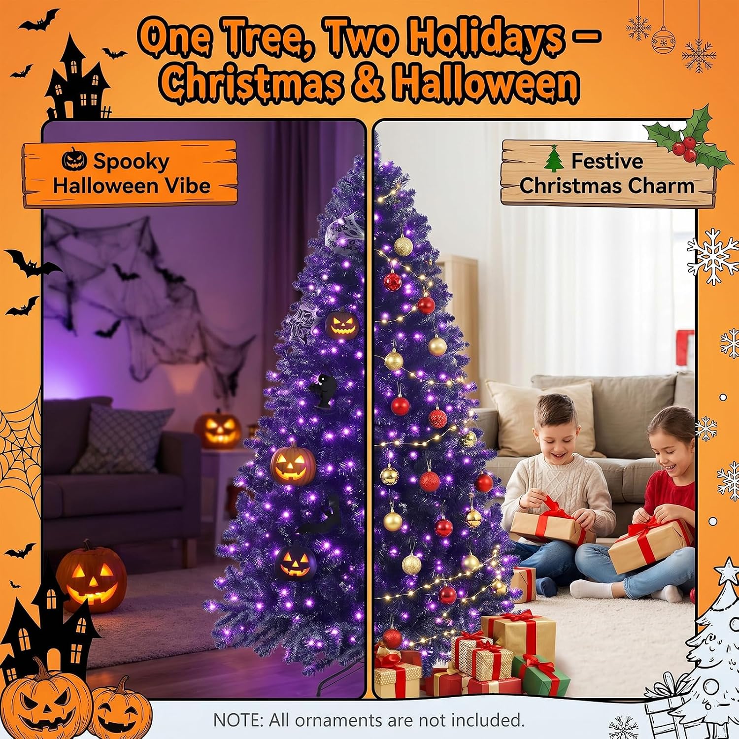 6ft Pre-lit Black Artificial Christmas Tree, Hinged Halloween Xmas Tree with 300 Purple LED Lights, 810 Branch Tips & Metal Stand, Ideal Holiday Festival Party Decoration