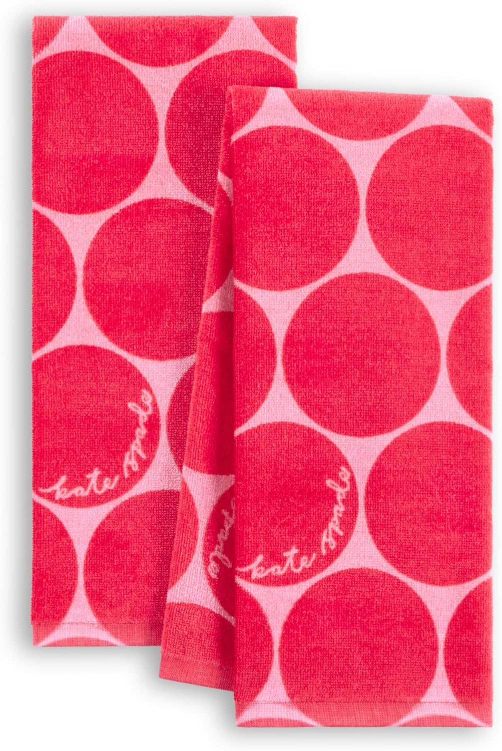 Kate Spade New York Joy Dot Kitchen Towels 2-Pack Set, Absorbent 100% Cotton Velour, Red/Rose Pink, 17"x28"