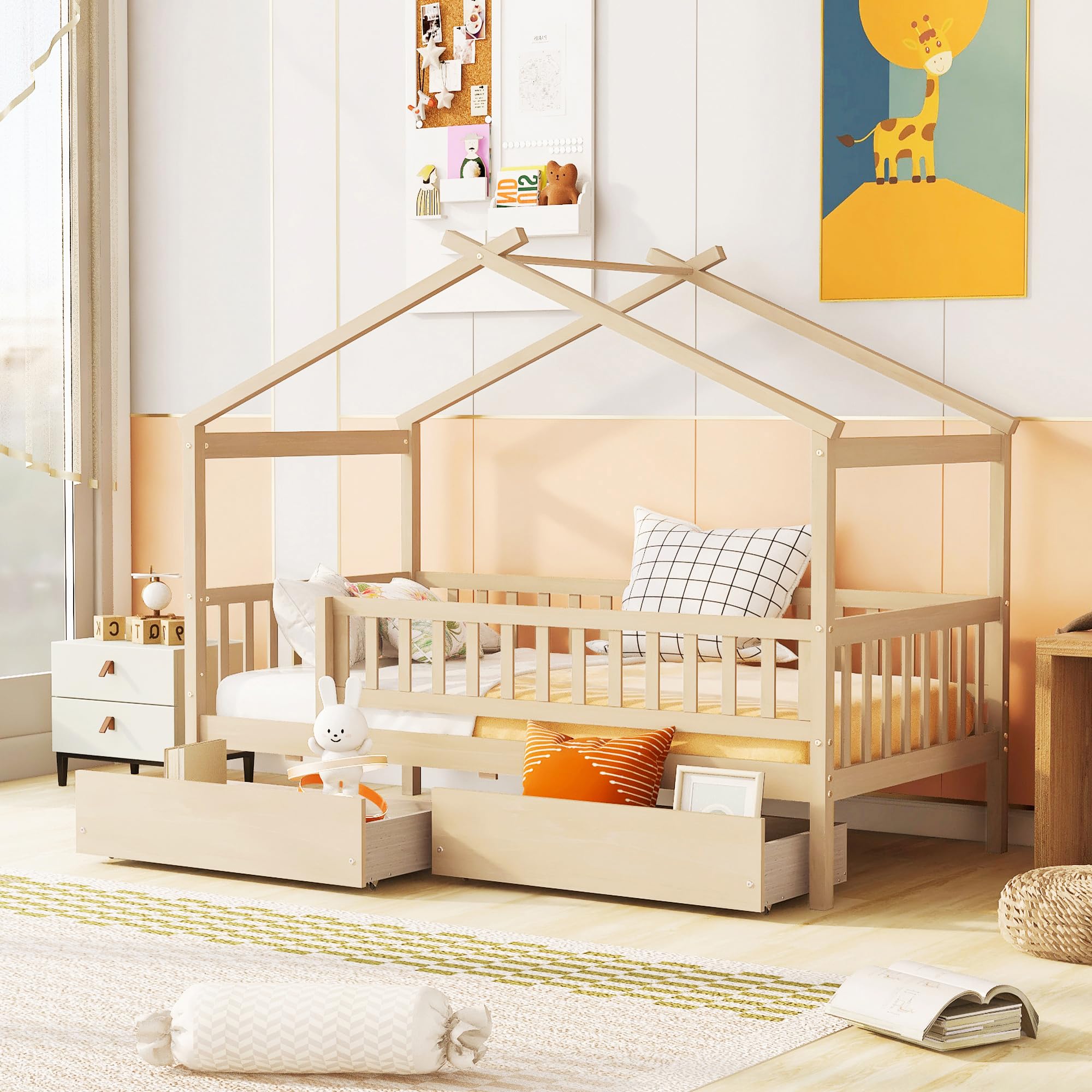 Aoowow Twin Size House Bed with Storage Drawers,Kids Wooden Bed Frame Twin House Bed with Slats and Fence for Boys Girls Teens for Bedroom(Natural)