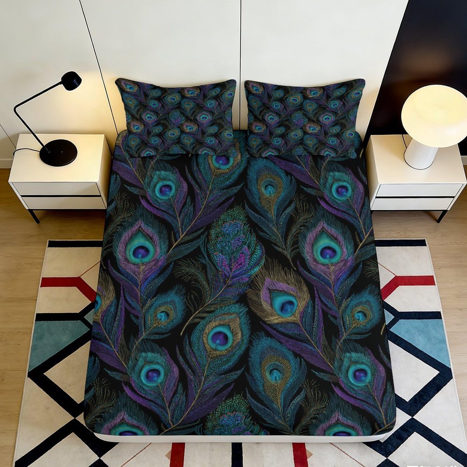 3D Printed Peacock Feather Fitted Sheet Microfiber Soft Decor Mattress Cover for Bedroom Dorm Guest Room Protection 90x200x25cm