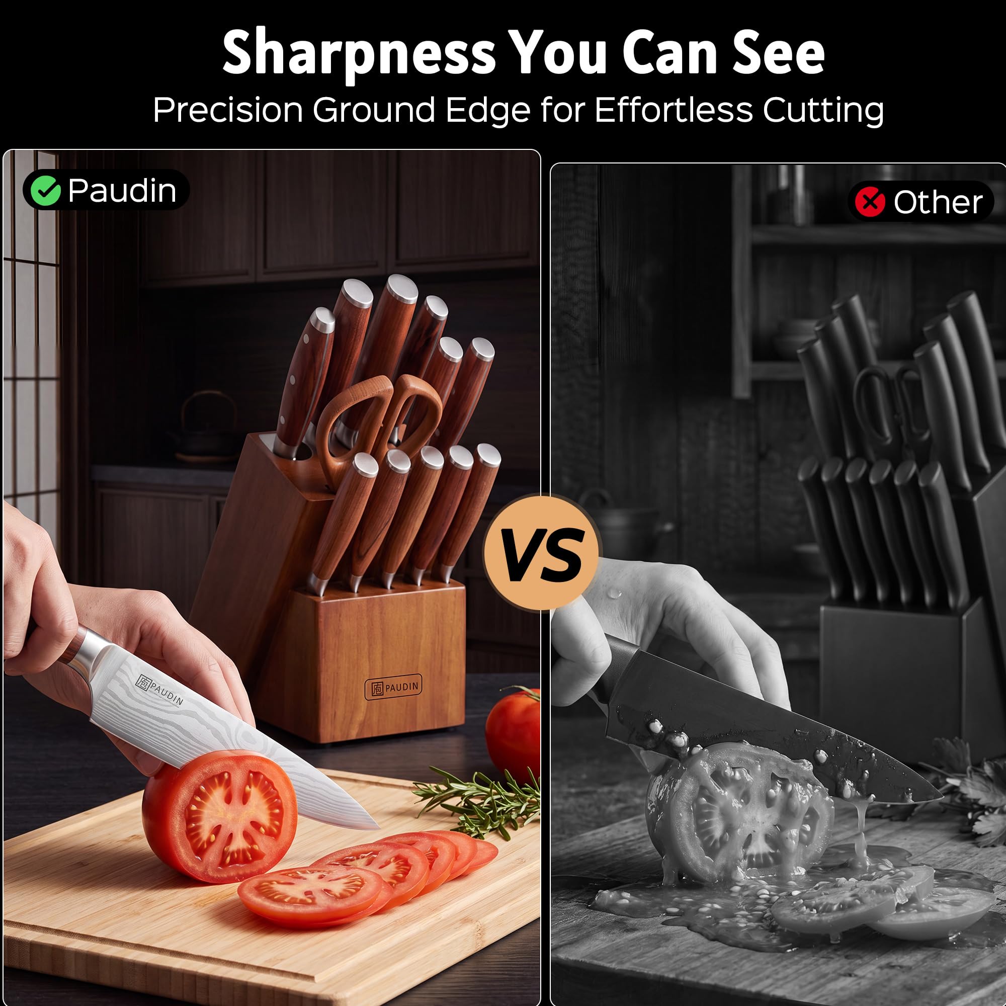 PAUDIN 16-Piece Kitchen Knife Set with Block, Built-in Sharpener, Ultra Sharp 5Cr15Mov Stainless Steel Chef Knives, Natural Wood Handles, Steak Knives, Scissors & Honing Rod, Complete Cutlery Set — Amazon image 8