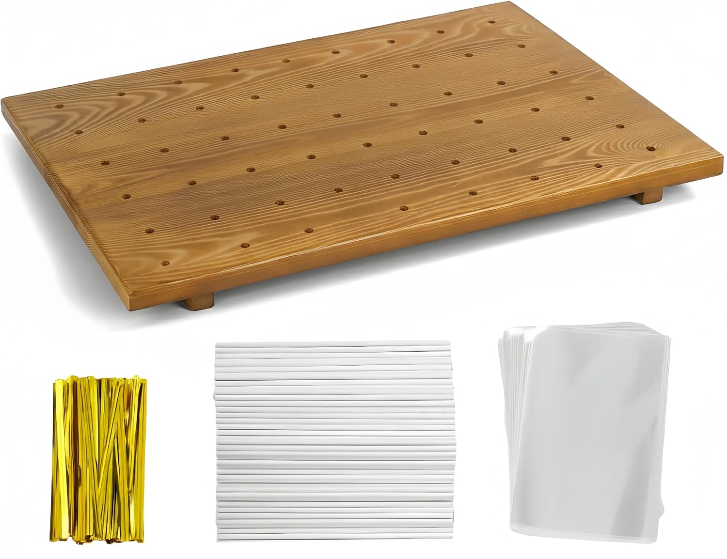 Relaxing Garden 48-Hole Wooden Cake Pop Stand Kit with Accessories | Wood display board holds 48 cake pops upright; includes 100 sticks, bags & twist ties for dessert tables and party favors