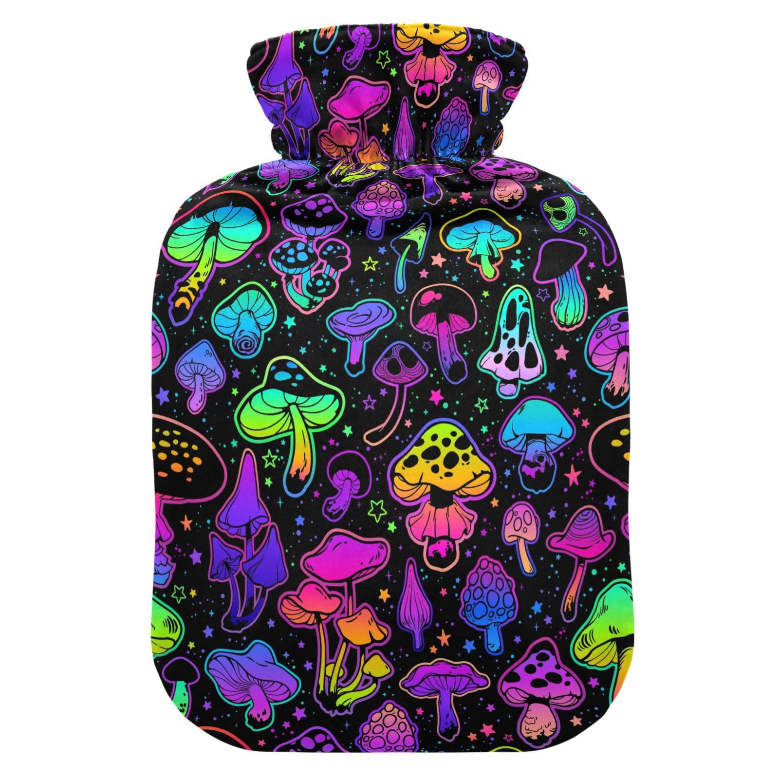YNNALE Neon Color Hippie Mushroom Hot Water Bottle with Cover, 2Liter Soft Velvet Winter Warm Water Bag for Neck and Shoulder Pain Relief Period Cramps Bed Hand Feet Warmer