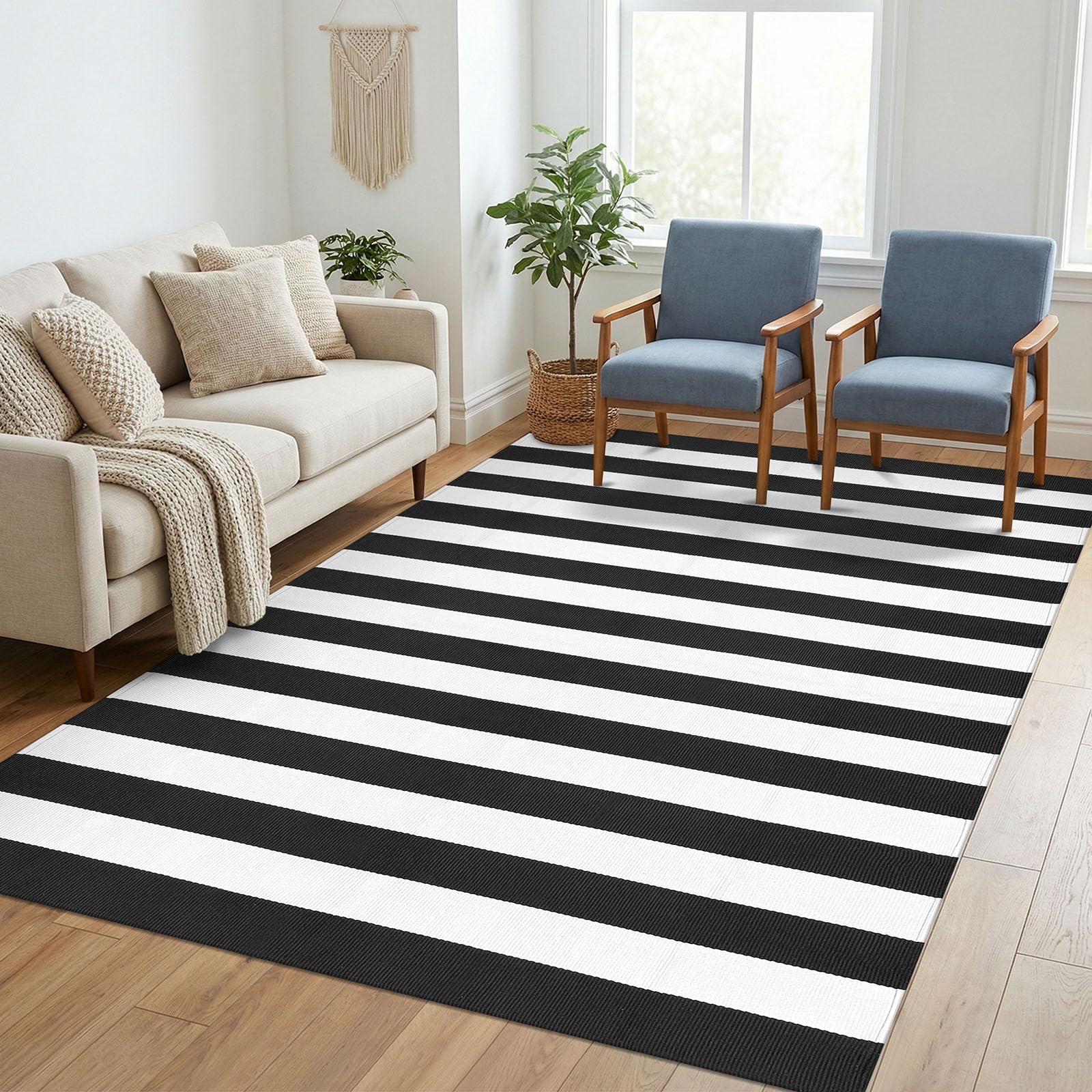 KILOCOCO Black White Striped Rug 5x7 Area Rugs for Living Room Cotton Machine Washable Front Porch Layered Rugs for Patio Farmhouse Bedroom Kitchen