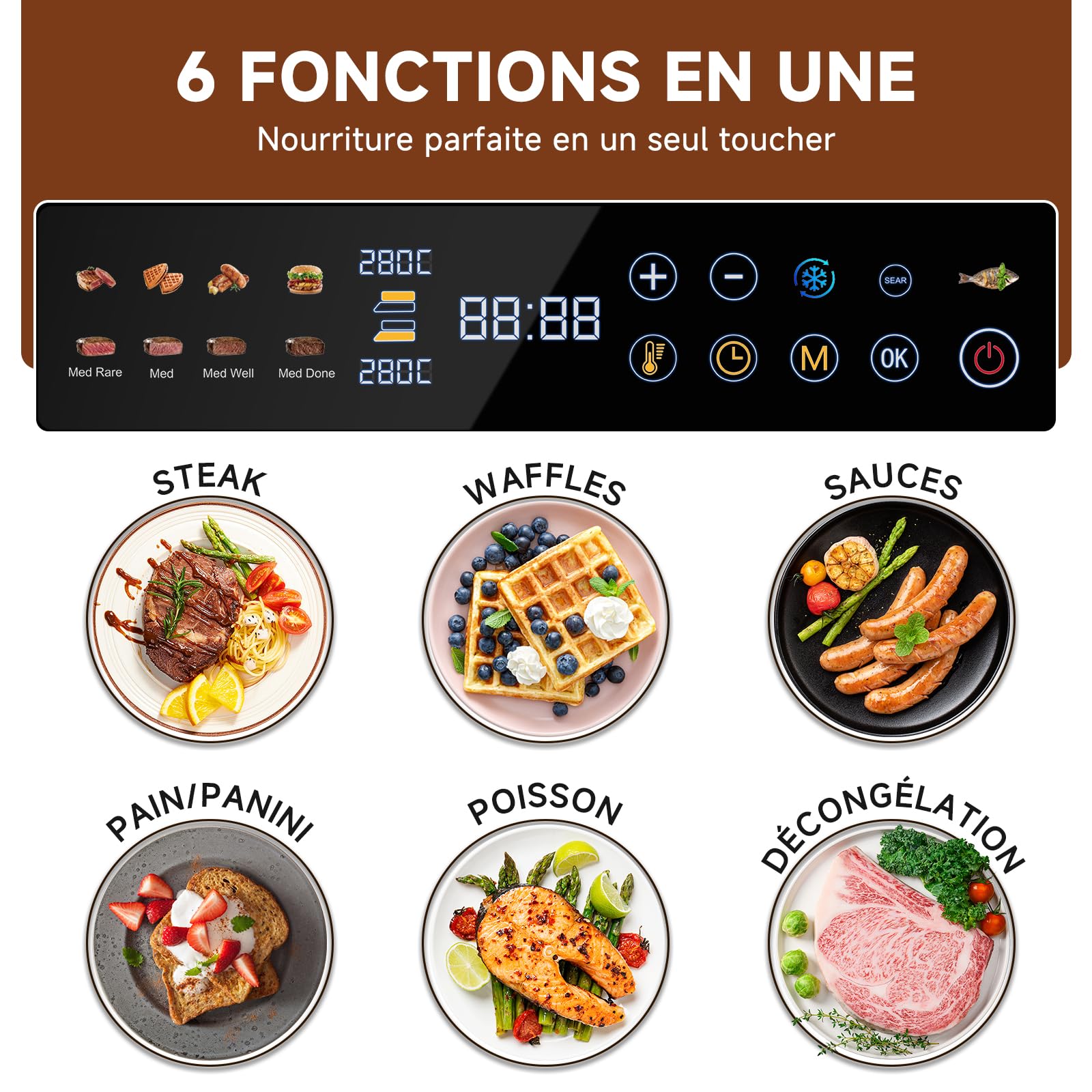 AMZCHEF Grill Contact XL 6-en-1 avec Sonde de Température, 280°C GrillBoost, 6 Programmes, Double Zone, Ouverture 180°, Plaques Antiadhésives pour Steak, Panini, Gaufres & Sandwich
