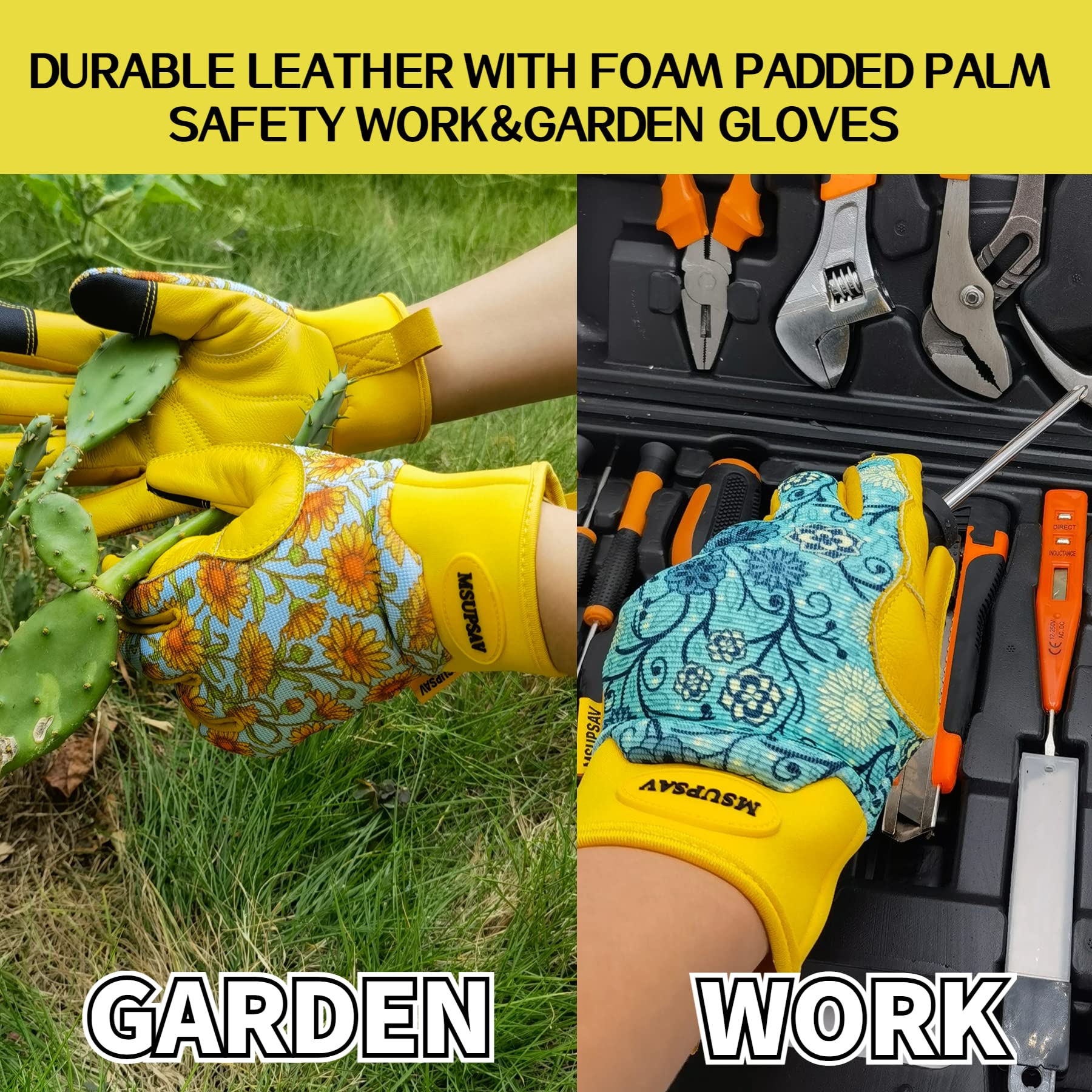 Guantes de jardinería para mujer, guantes de trabajo de cuero para hombres y mujeres, guantes de conductor, guantes de trabajo de seguridad (patrón azul clásico, L)