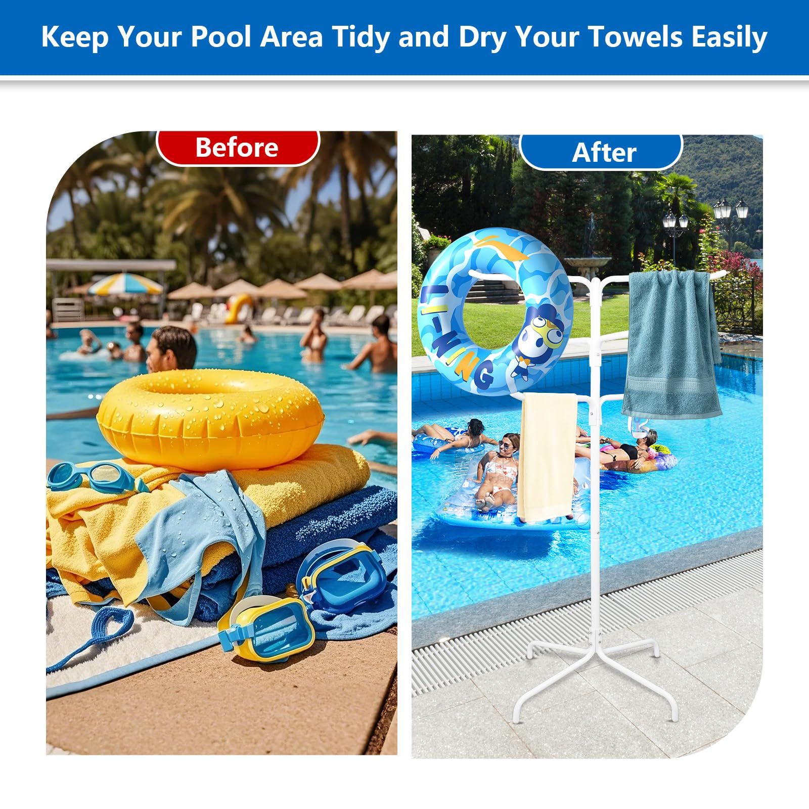 Toallero de piscina al aire libre, 6 barras de columna, toallero de pie, soporte ajustable para toallas de piscina y patio con base pesada (blanco