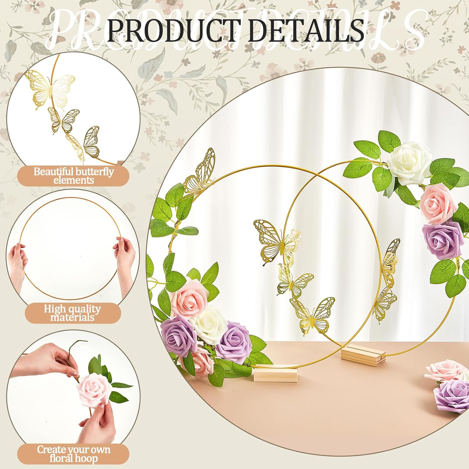 12 Set butterfly Metal Floral Hoop Table Centerpieces Include Metal Ring with Base 3D Butterfly Decoration, PE Foam Flower, Adhesive Dots, Gold Wires for DIY Wedding Baptism Party(Round)