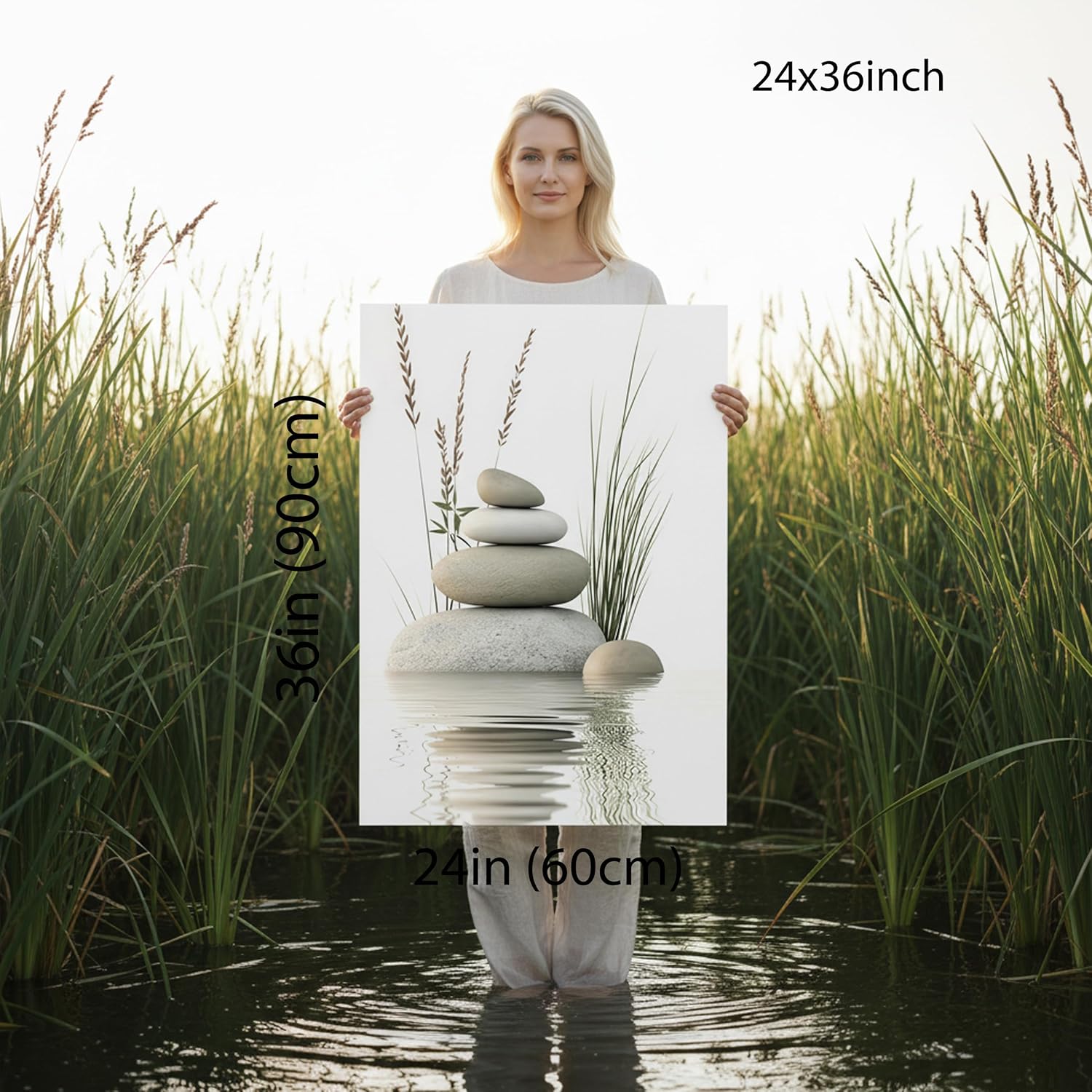 Zen Stone Canvas Wall Art Stacked Stones in Water Poster Print Tranquil Wild Grass Painting Picture for Spa Yoga Meditation Room Bathroom Wall Decor 24x36in Ready to Hang Framed