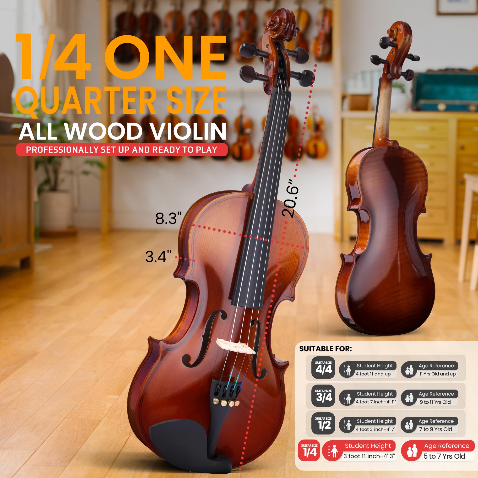Quarter Size Violin Set For Beginners and Kids, 1/4 18.7” Student