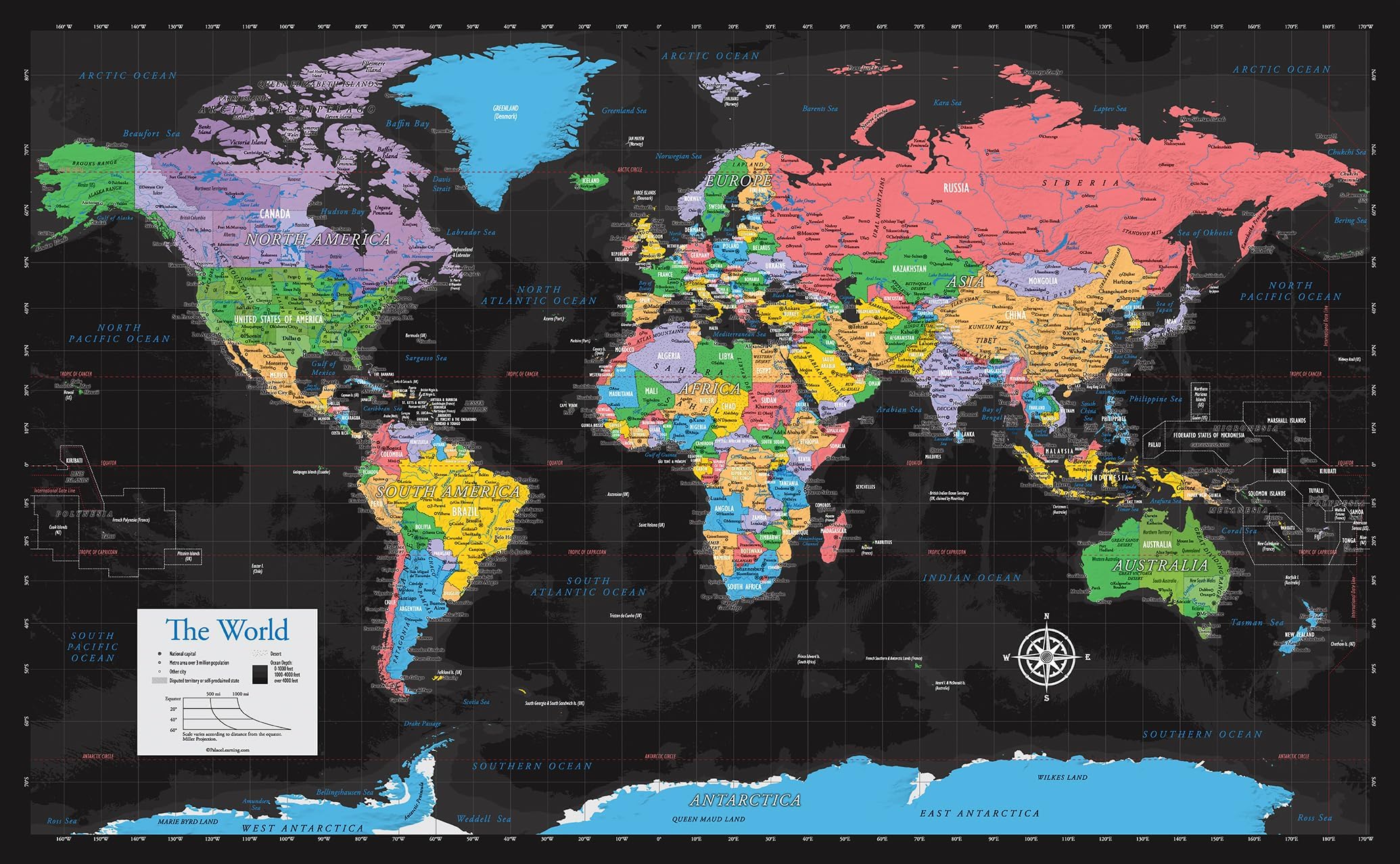 Laminated World Map Poster - Wall Chart Map of Earth - 18" x 29" (Black)