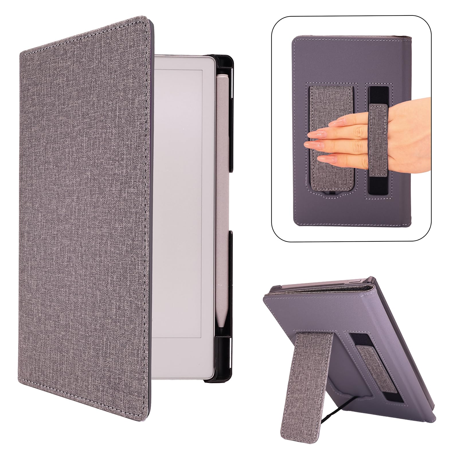 Stand Case for Remarkable Paper Pro Move 7.3", Hard Back Shell Protective Auto Sleep/Wake Book Folio Cover with Pen Holder and Hand Strap, Grey