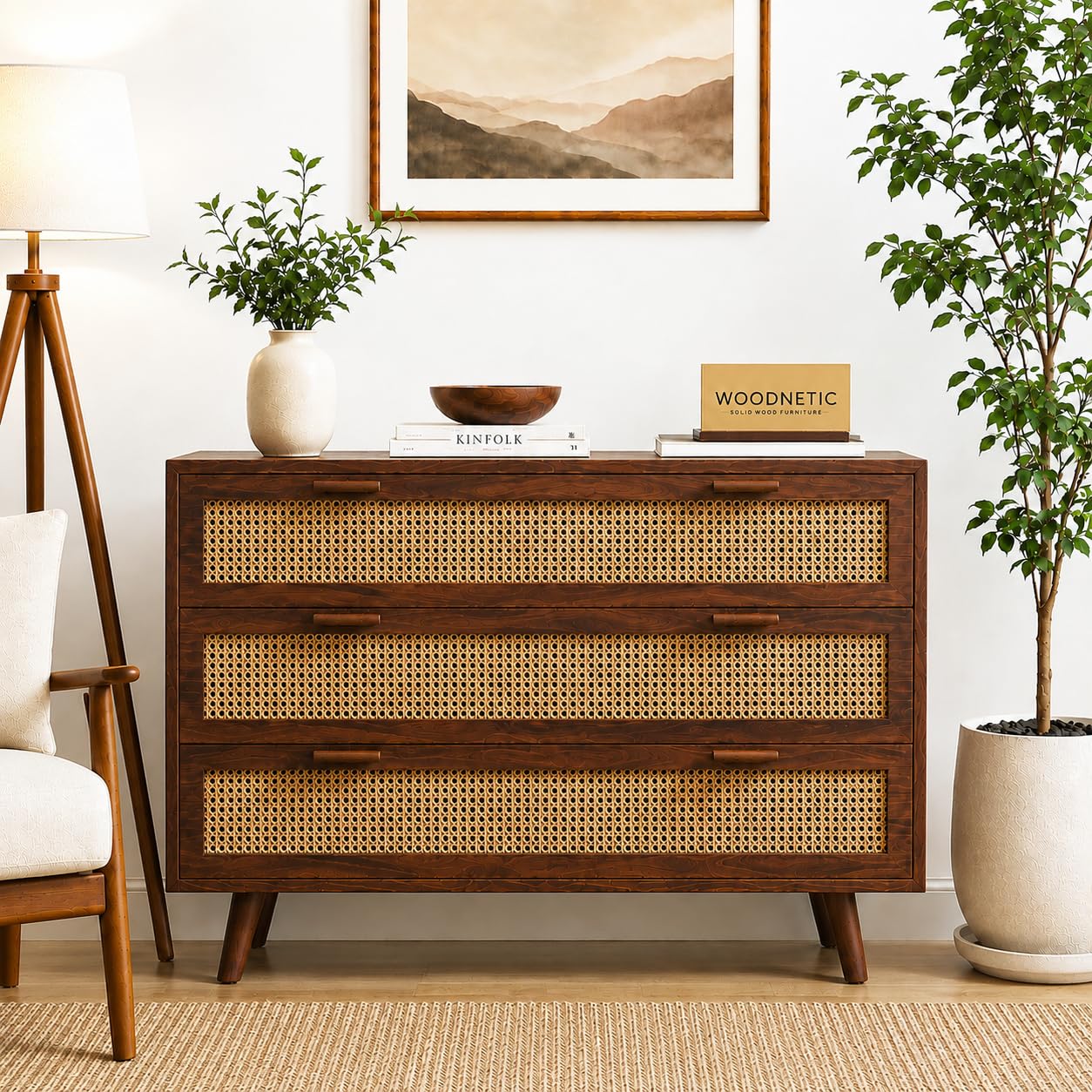 sheesham wood chest of 3 drawers with cane design (walnut) | mid-century style, 85 x 40 x 75 cm, solid wood frame, rattan cane panels, bedroom storage