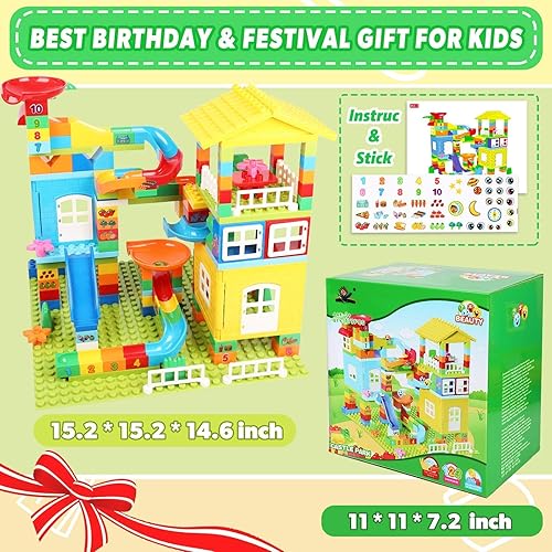 Miniatura 6 de Bloques de construcción Marble Run, 179 piezas Duplos Marble Run con 6 bolas, juego de juguetes de construcción grande compatible con bloques