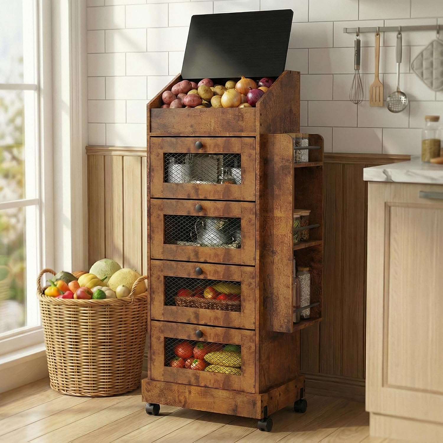 ARTETHYS Potato and Onion Storage Bin for Pantry 5-Tier Rolling Fruit and Vegetable Organizer with Spice Rack on Wheels Movable Large Bread Box Cabinet with 4 Ventilated Drawers for Kitchen, Rustic