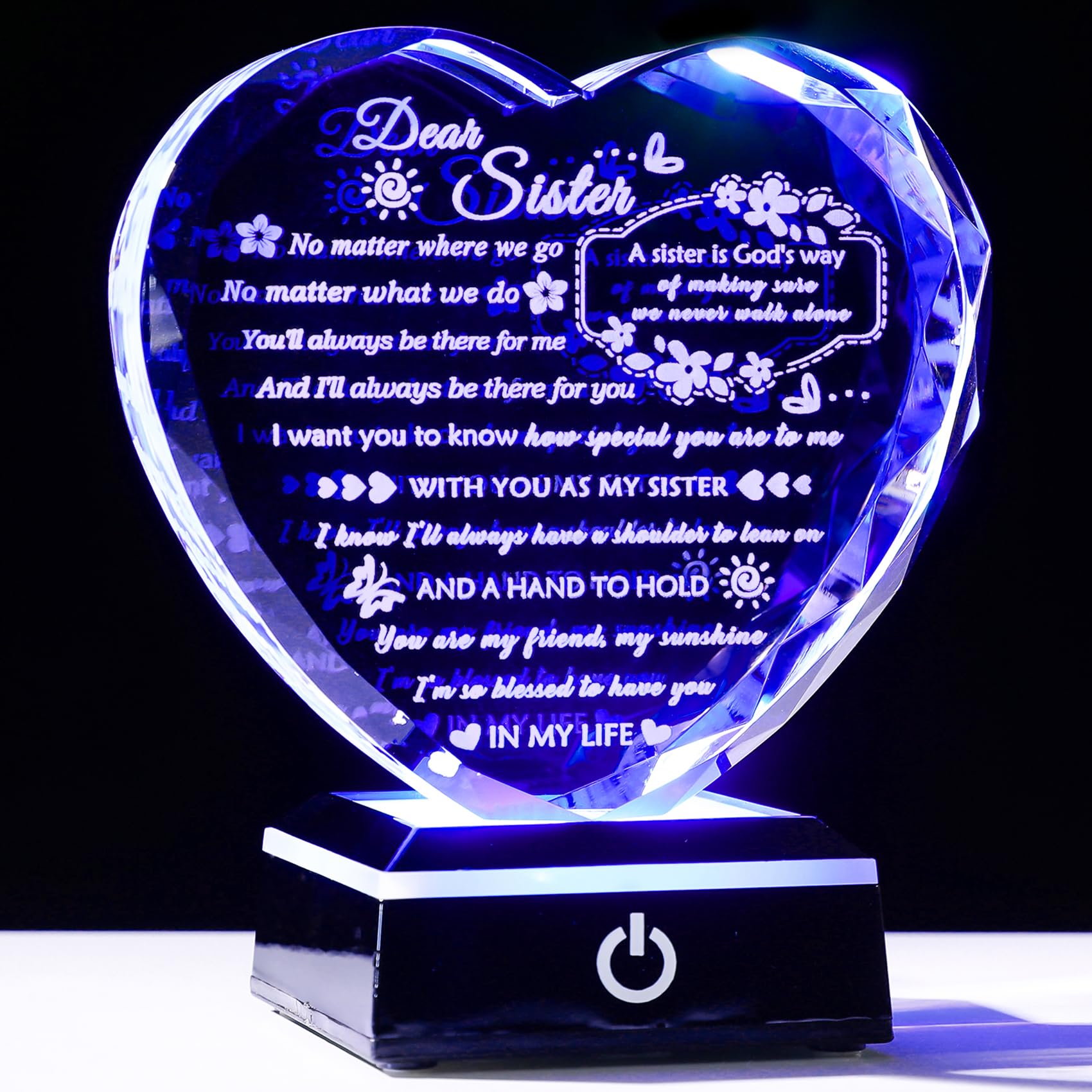 YWHL Sister Birthday Gifts from Sister Brother to My Sisters Crystal Heart Keepsake with Colorful Light Base Soul Sister Gifts for Women for Christmas Mother's Day