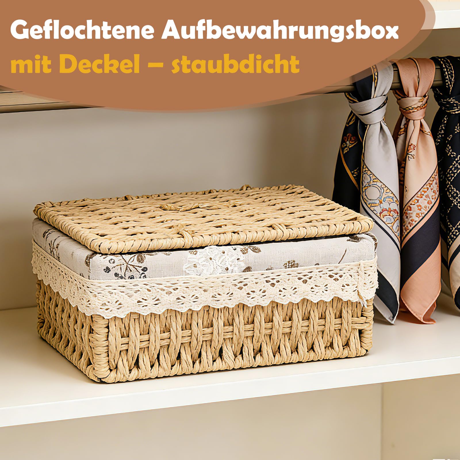 Geflochtener Aufbewahrungskorb mit Futter, 3 Stück Korb mit Deckel