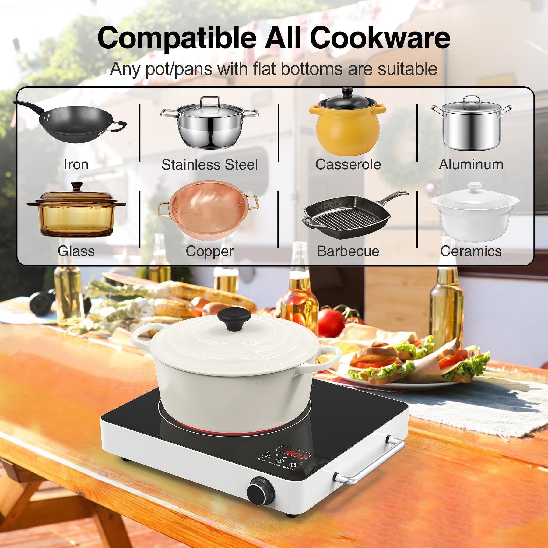 Placa de cocina eléctrica, 110 V, con función táctil y perilla, quemador individual de 1800 W con asa, 9 niveles de potencia, bloqueo de seguridad para niños y temporizador de 4 horas, portátil 4