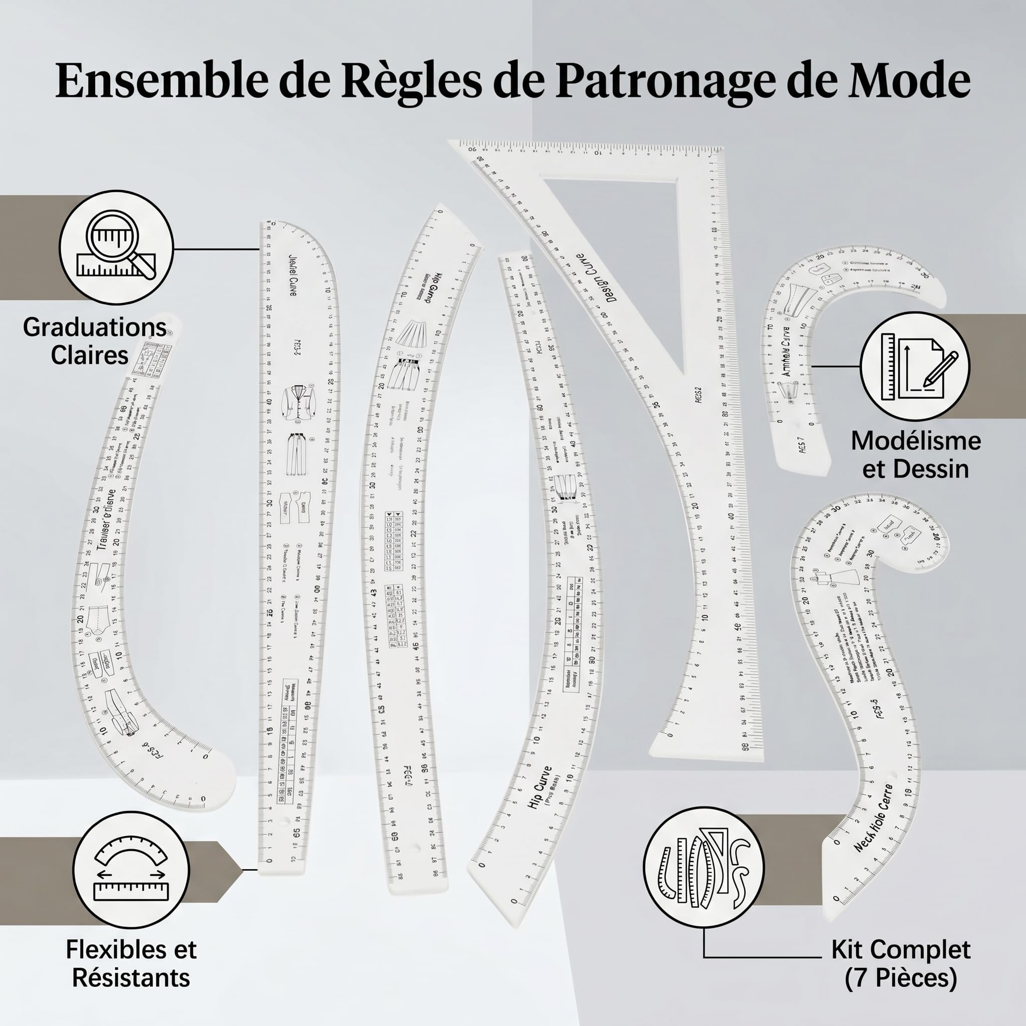Set di 7 Righelli per Curve Francesi, Strumenti per Design di Modelli di Moda, Righelli per Cucito