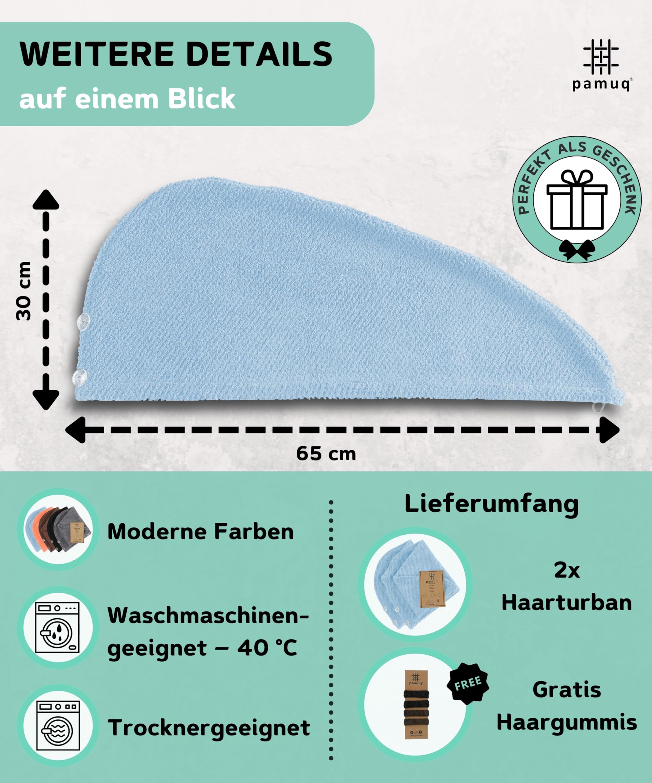 Haarturban aus 100% Baumwolle (Hellblau) – 2er Set Haarhandtücher mit Knopf, schnelltrocknendes Haartrockentuch für nasse & Lange Haare, weiches Turban Handtuch Damen