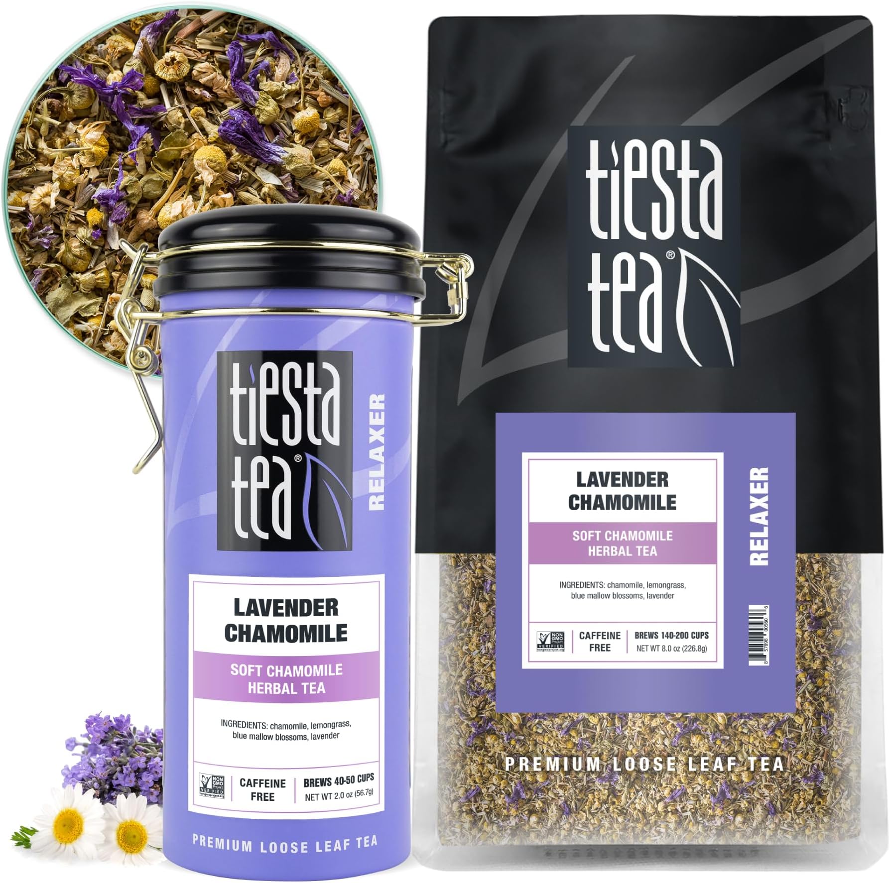Tiesta Tea - Lavender Chamomile, Loose Leaf, Soft Chamomile Herbal Tea, Premium Non-Caffeinated Blend, Make Hot or Iced & Brews Up to 250 Cups, 8oz Bulk Pouch & 2oz Refillable Tin Combo