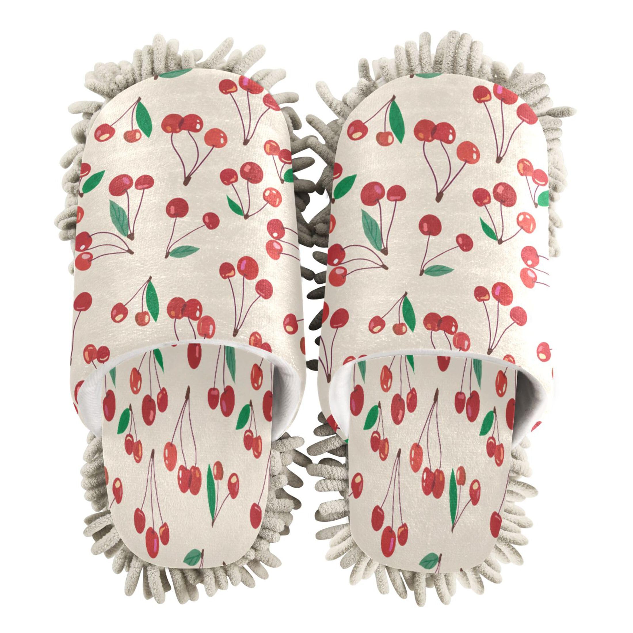 Kigai Red Cherries Mop Slippers for Floor Cleaning, Slippers for Women Men, Microfiber Floor Cleaning, M